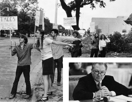 Black & white collage of students protesting, Frank Erwin sitting in corner