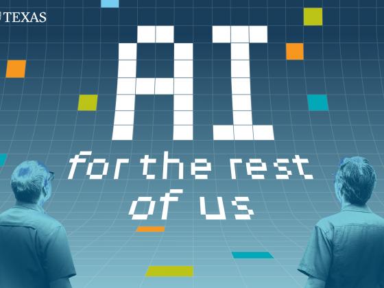graphic with text AI for the rest of us and two people in foreground