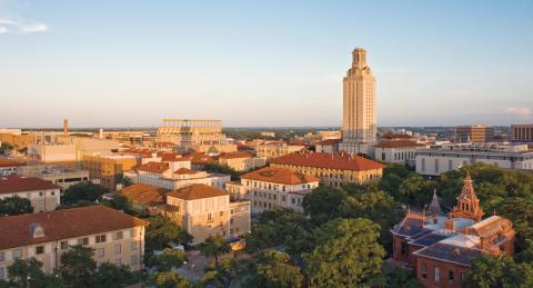 Aerial of main campus and UT tower