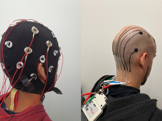 Side by side image of a person's head with a cap and wires on the left side and tattoos with wires on the right side