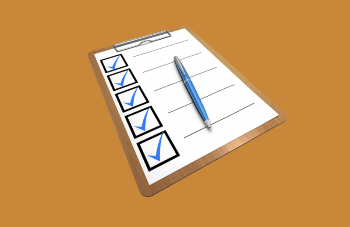 graphic of a checklist in a notebook with a pen on a burnt orange background