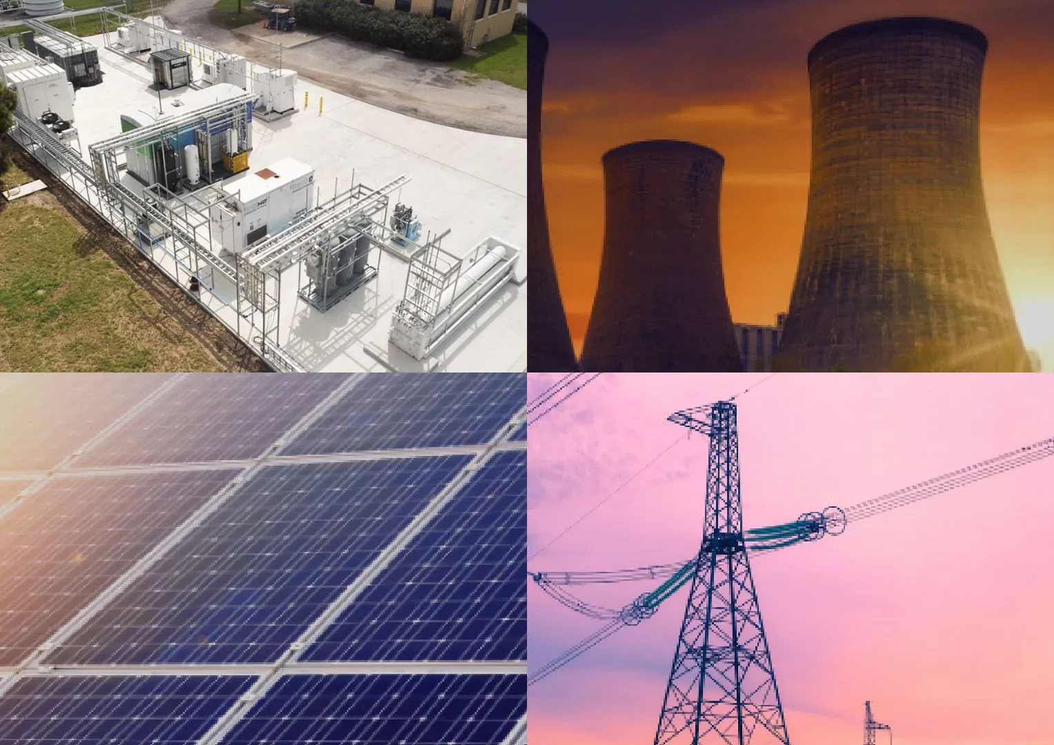 image collage showing hydrogen storage, nuclear cooling towers, solar panels, and electricty towers