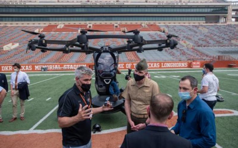 Military drone on the UT Longhorns football field